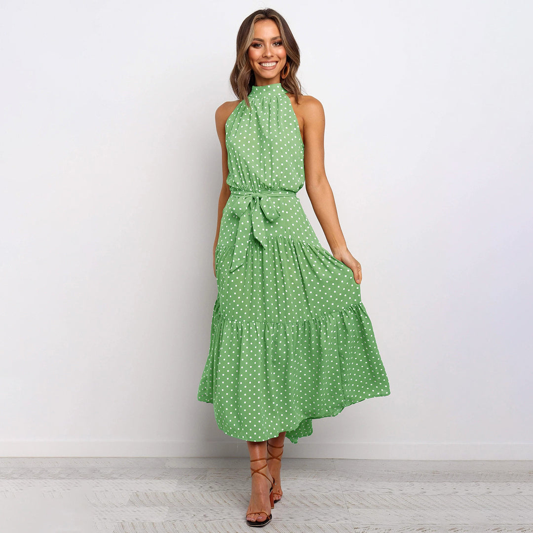 Pyrenith | Elegant Halter Neck Flowy Maxi Dress - Sleeveless, Tie Strap, Polka Dots