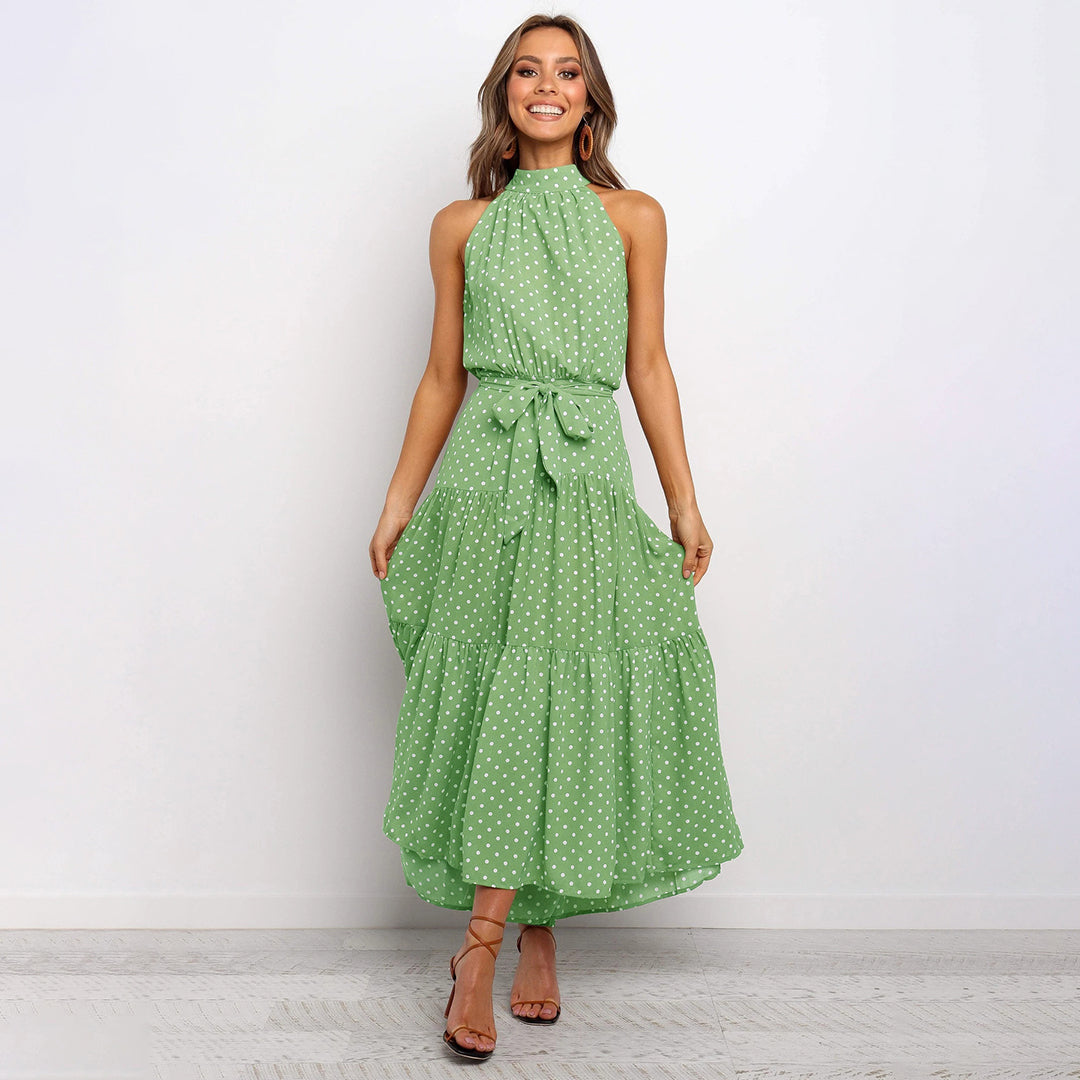 Pyrenith | Elegant Halter Neck Flowy Maxi Dress - Sleeveless, Tie Strap, Polka Dots