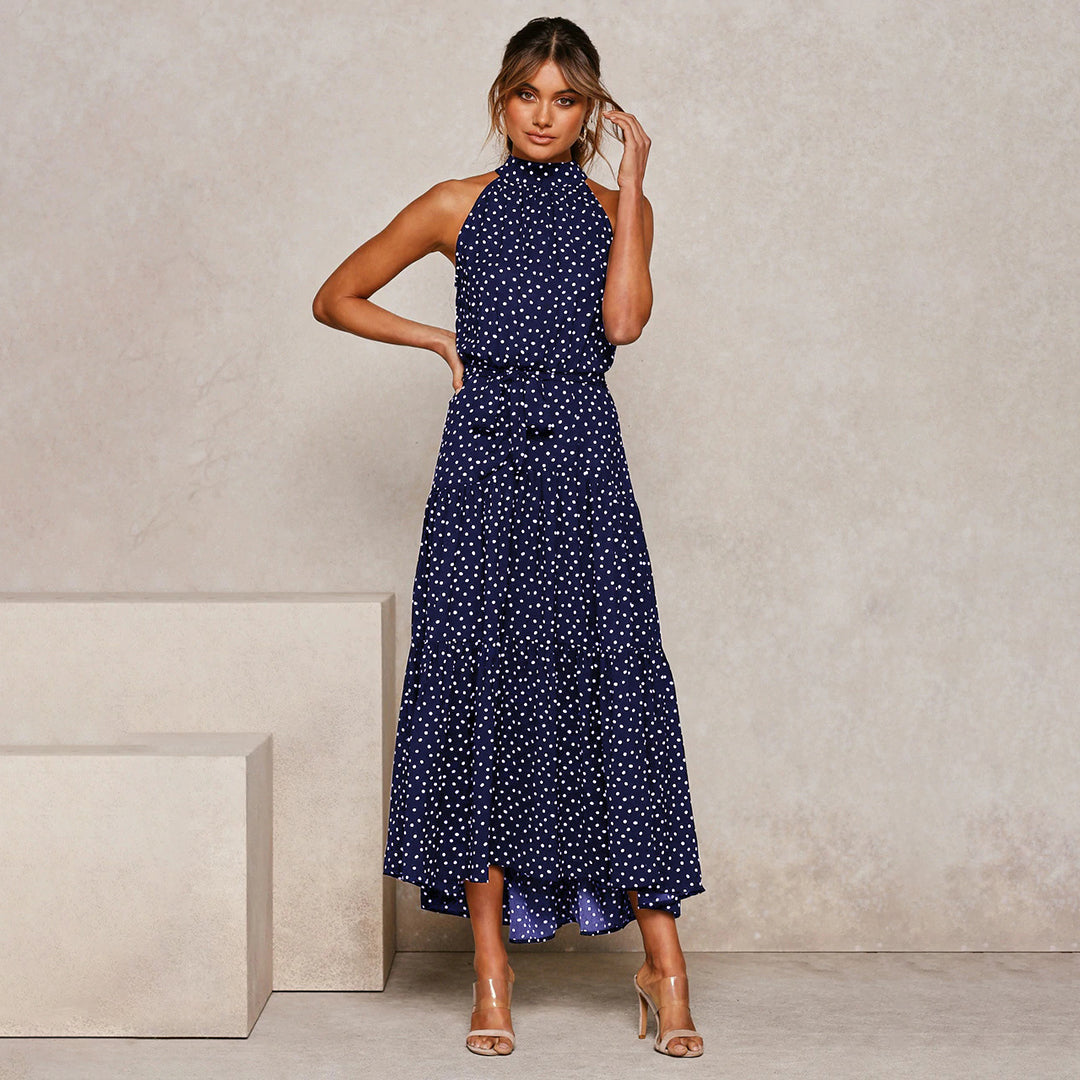 Pyrenith | Elegant Halter Neck Flowy Maxi Dress - Sleeveless, Tie Strap, Polka Dots
