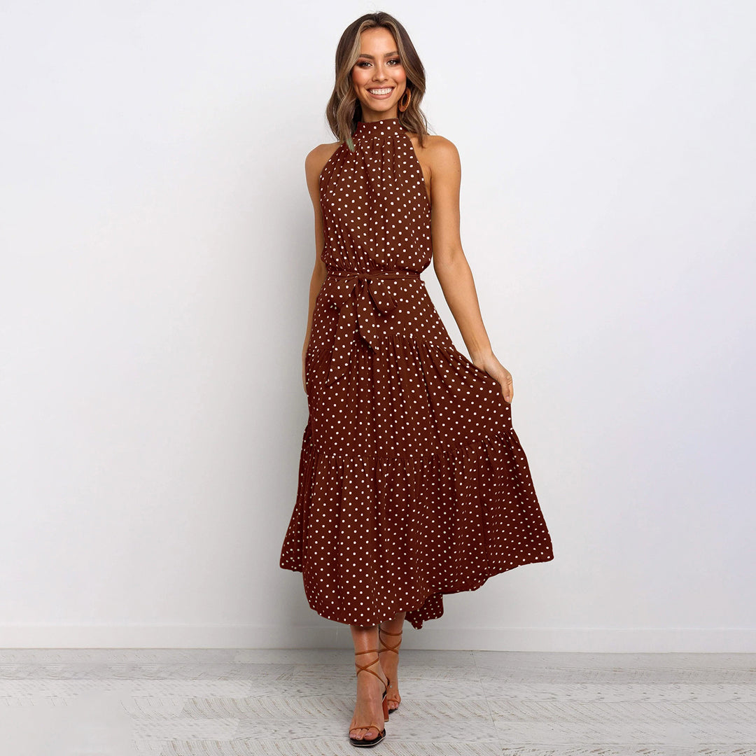 Pyrenith | Elegant Halter Neck Flowy Maxi Dress - Sleeveless, Tie Strap, Polka Dots