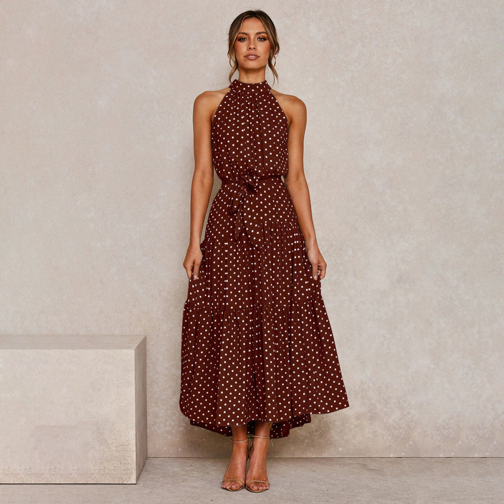 Pyrenith | Elegant Halter Neck Flowy Maxi Dress - Sleeveless, Tie Strap, Polka Dots