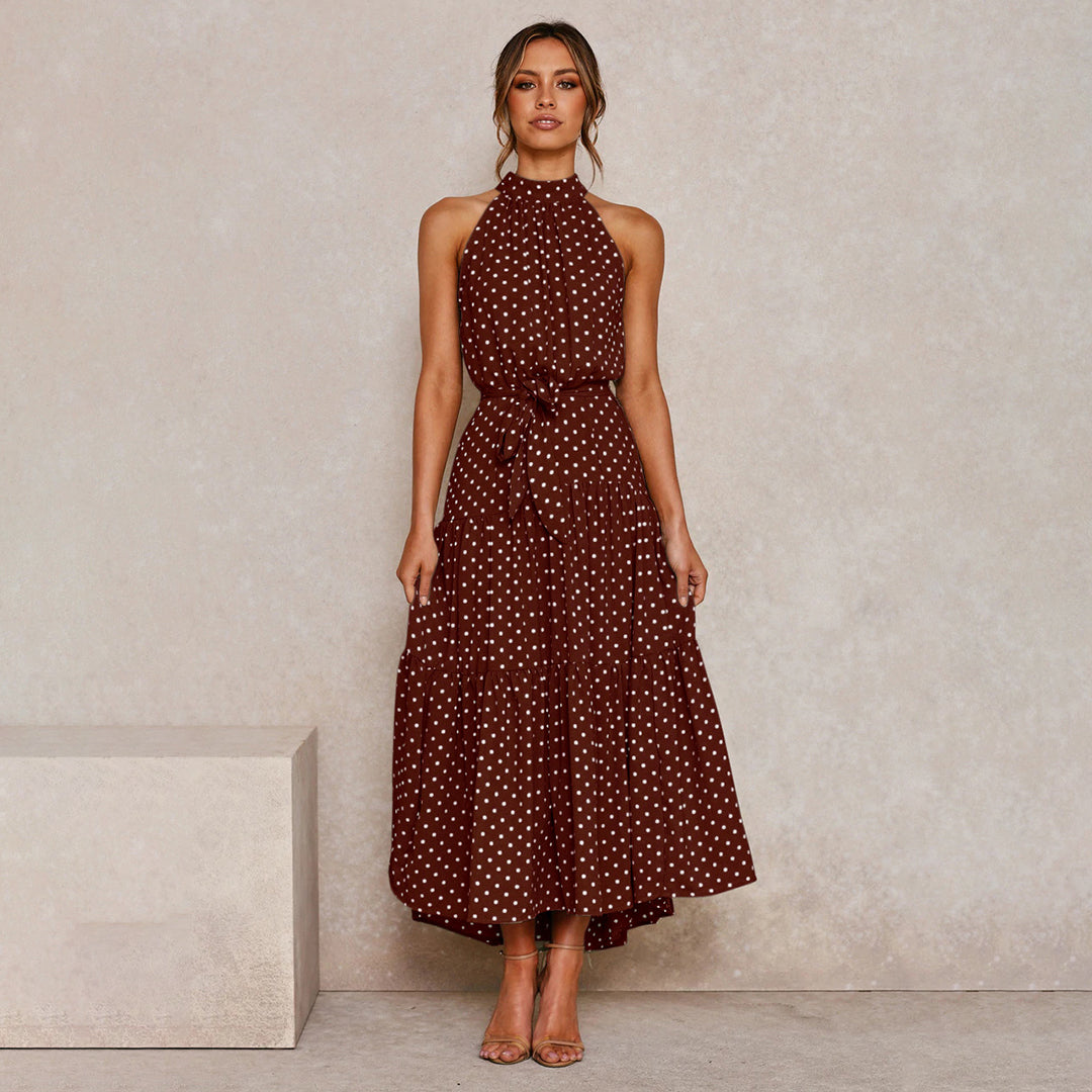Pyrenith | Elegant Halter Neck Flowy Maxi Dress - Sleeveless, Tie Strap, Polka Dots