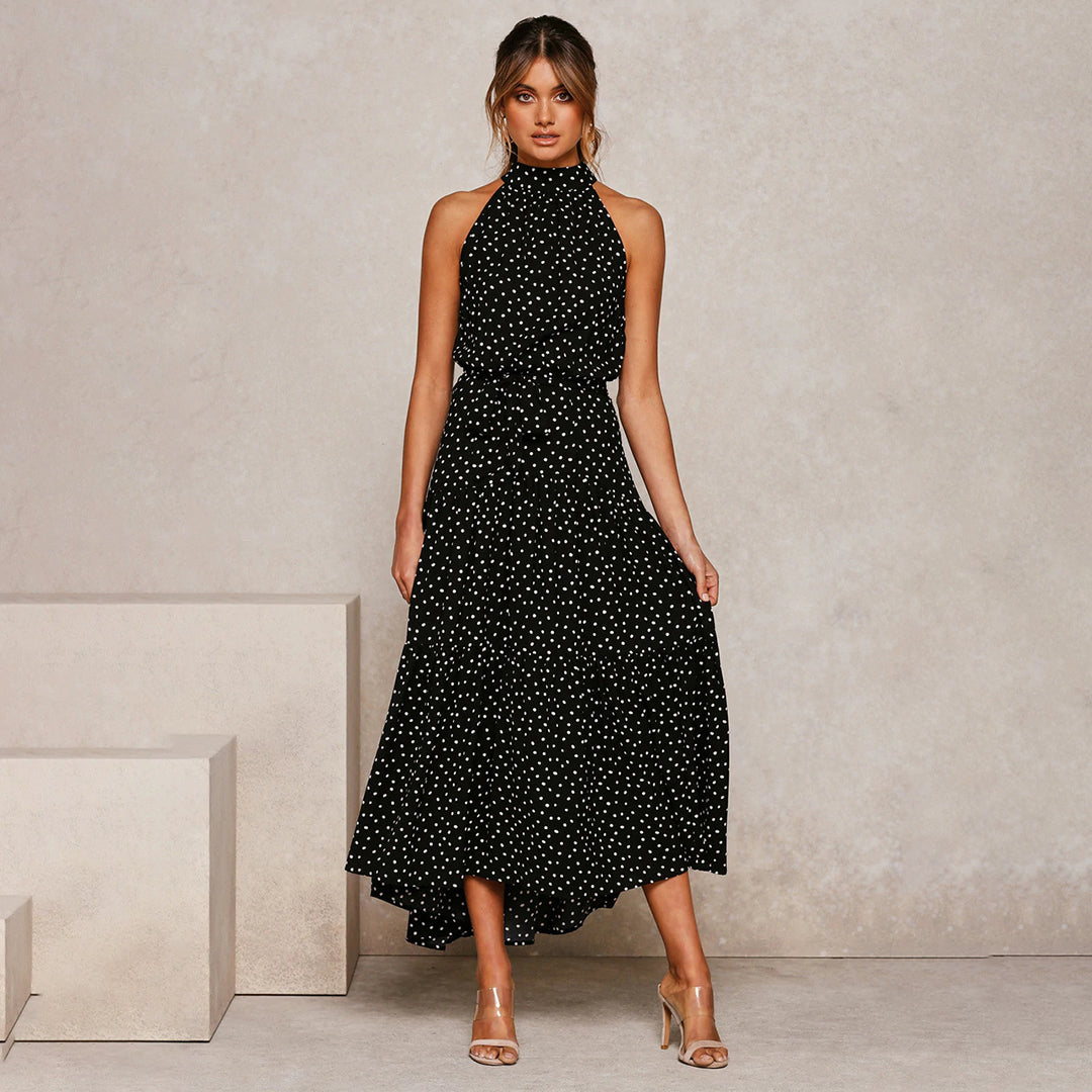 Pyrenith | Elegant Halter Neck Flowy Maxi Dress - Sleeveless, Tie Strap, Polka Dots