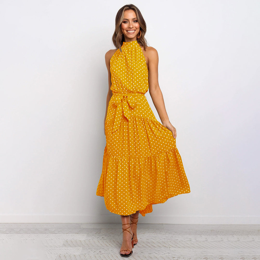 Pyrenith | Elegant Halter Neck Flowy Maxi Dress - Sleeveless, Tie Strap, Polka Dots