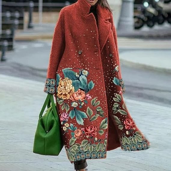 Aerith | Women's Wool Coat - Colorful Printed Long Coat for Winter Style and Warmth
