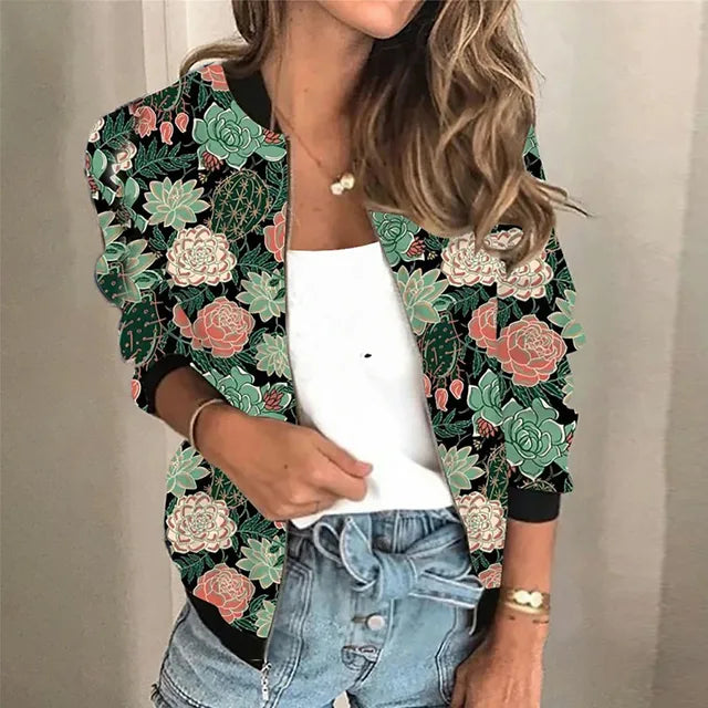 Feylina | Dames bomberjack met print – Lichtgewicht casual jas met ritssluiting, trendy streetwear-bovenkleding