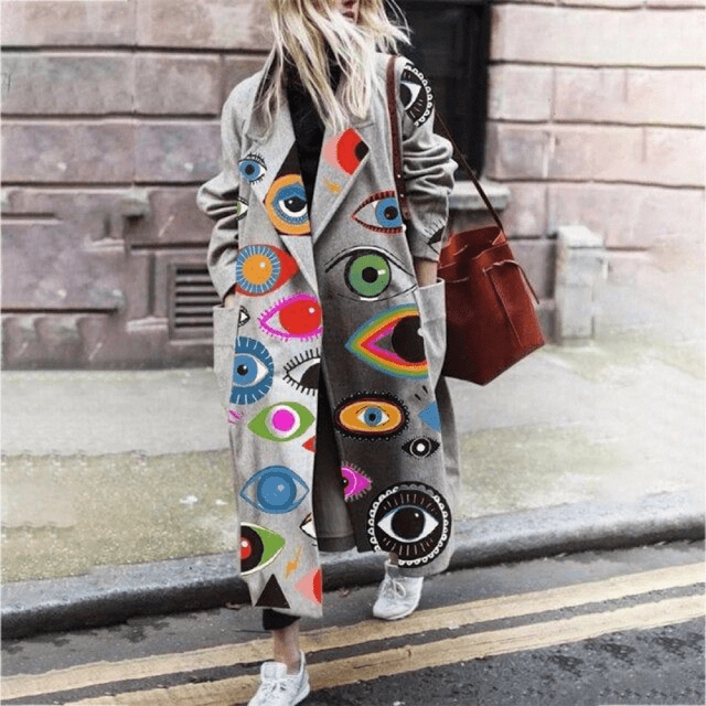 Noa | Lange wollen damesjas, stijlvolle overjas met print en open voorkant, warm en elegant