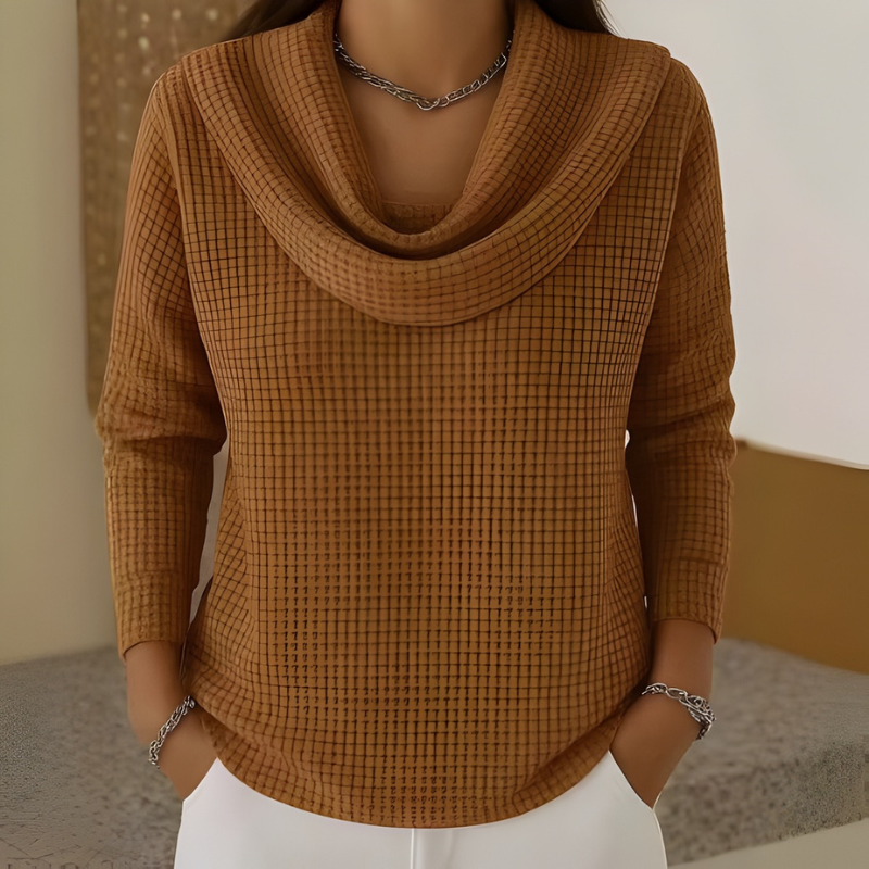 Nymeris | Dames trui met wafelpatroon, elegante watervalhalslijn, casual en zakelijke gebreide top