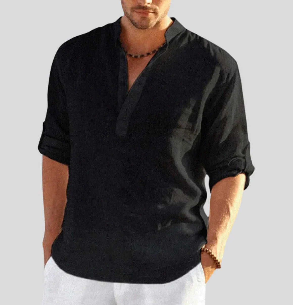 Eusebio | Herenhemd met elegante linnen Henley-kraag - Vrijetijdskleding & Formele kleding