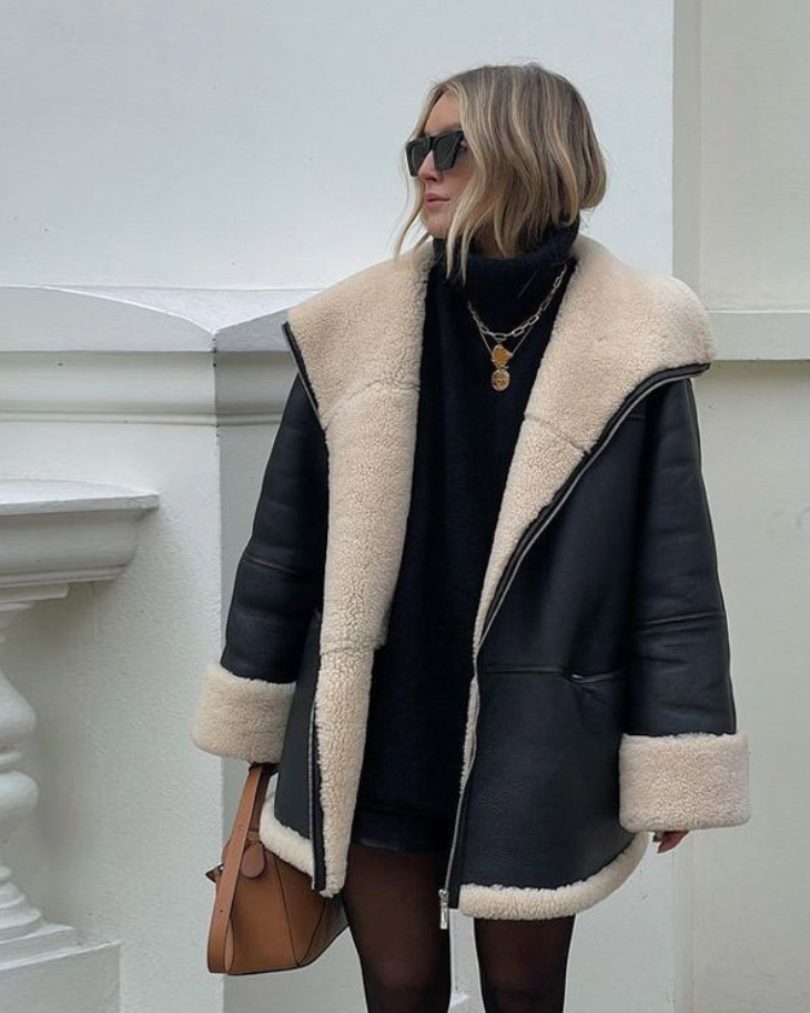 Mariselle | Oversized kunstleren jas met teddyvoering, warme winterjas, chique zwarte bovenkleding