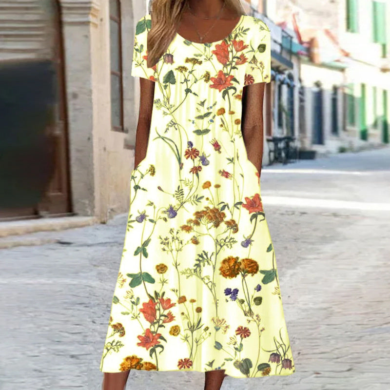 Pomi | Zomerjurk met bloemenprint voor dames – Midi-jurk met losse pasvorm die de buik bedekt