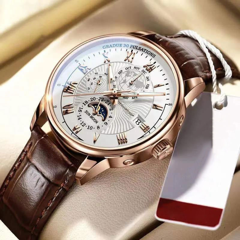 NovaQuartz | Hoogwaardig lichtgevend quartz herenhorloge met leren band