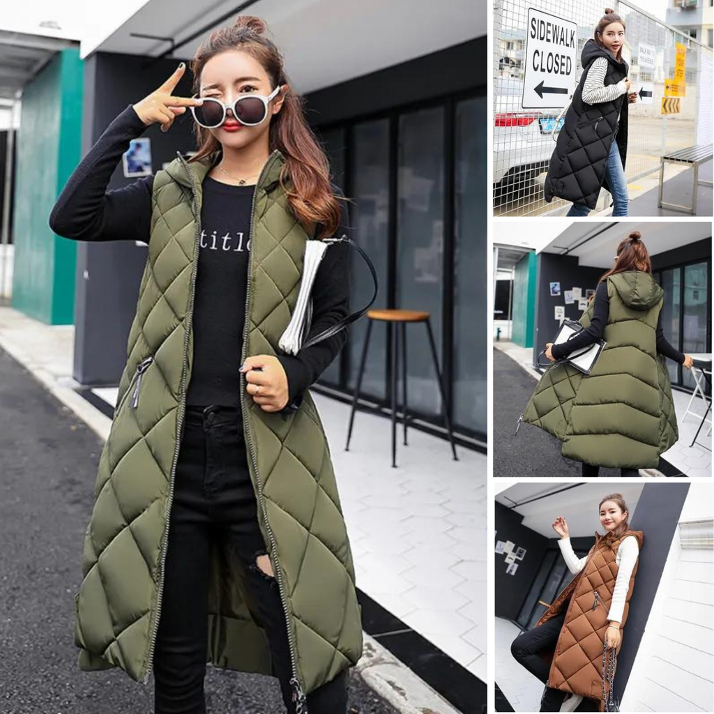 Xiomara | Dames Mouwloos Lang Puffer Vest met Capuchon - Warme, Casual, Volle Rits Bovenkleding