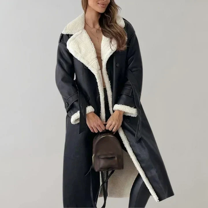 Anika | Lange leren damesjas met riem en pluche voering - stijlvol en warm