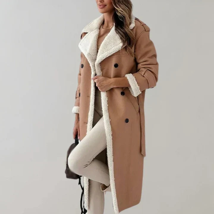 Anika | Lange leren damesjas met riem en pluche voering - stijlvol en warm