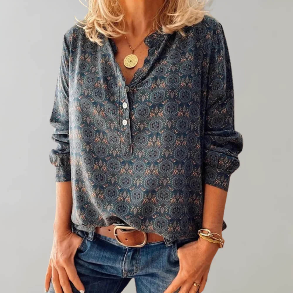 Vexara | Women's Printed Blouse - Casual, Loose-Fit & Stylish Long Sleeve Top