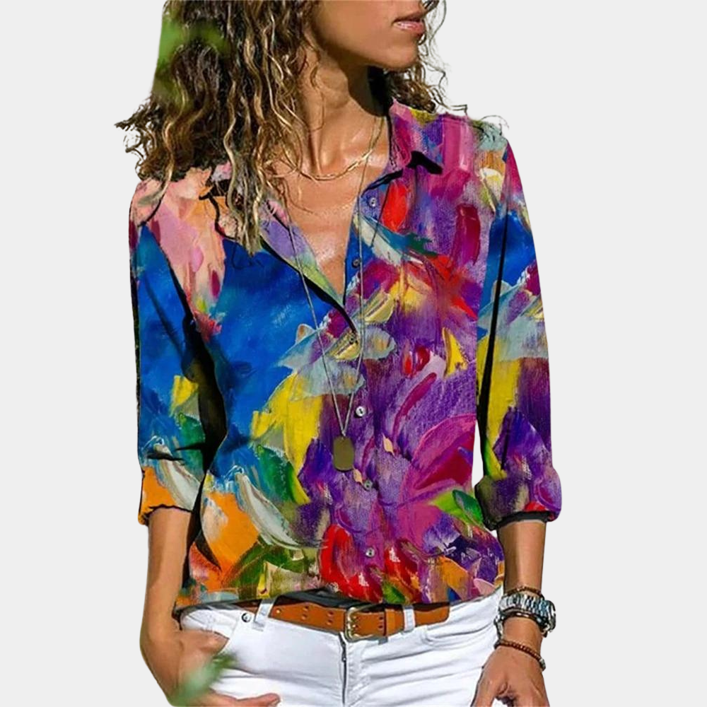 Halyra | Dameshemd met lange mouwen en knoopsluiting - Kleurrijke abstracte print