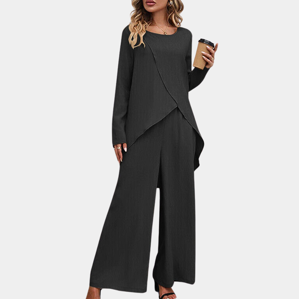 Ythelle | Women's Blouse & Trousers Set with Irregular Hem - Elegant Casual Outfit