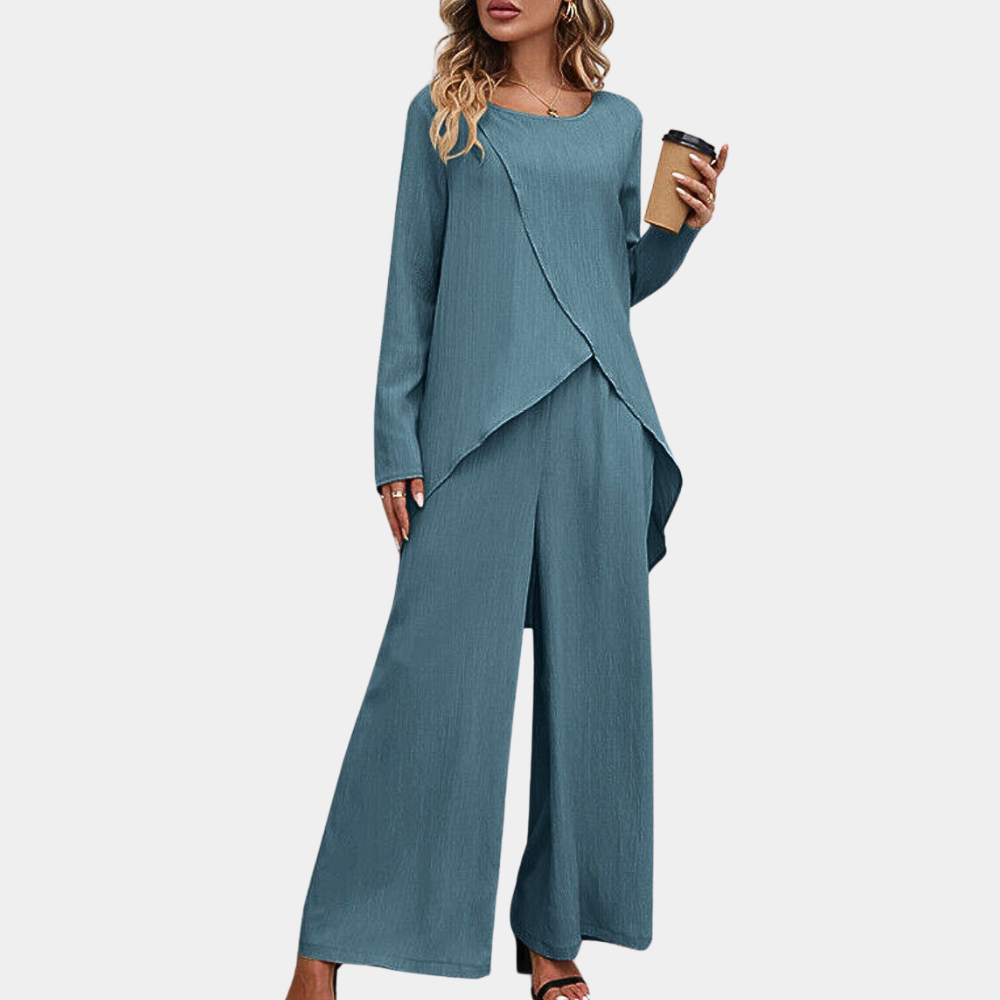 Ythelle | Women's Blouse & Trousers Set with Irregular Hem - Elegant Casual Outfit