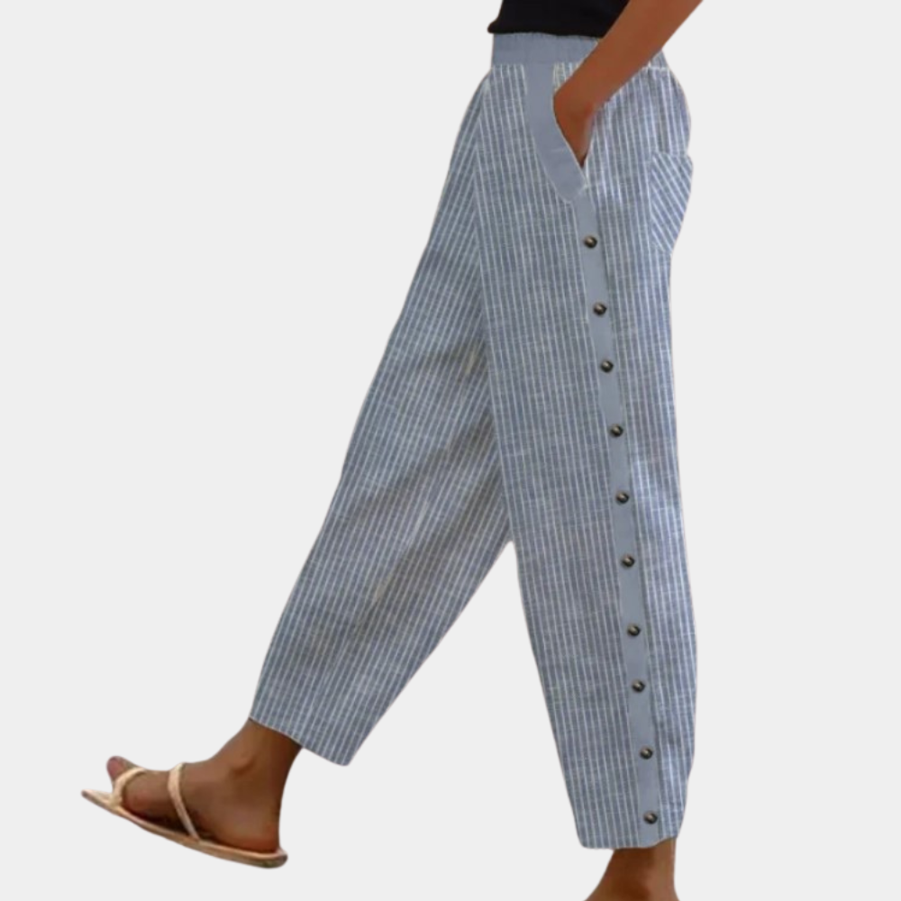 Eirwen | Gestreepte damesbroek met knoopdetail aan de zijkant - Comfortabele & trendy vrijetijdsbroek