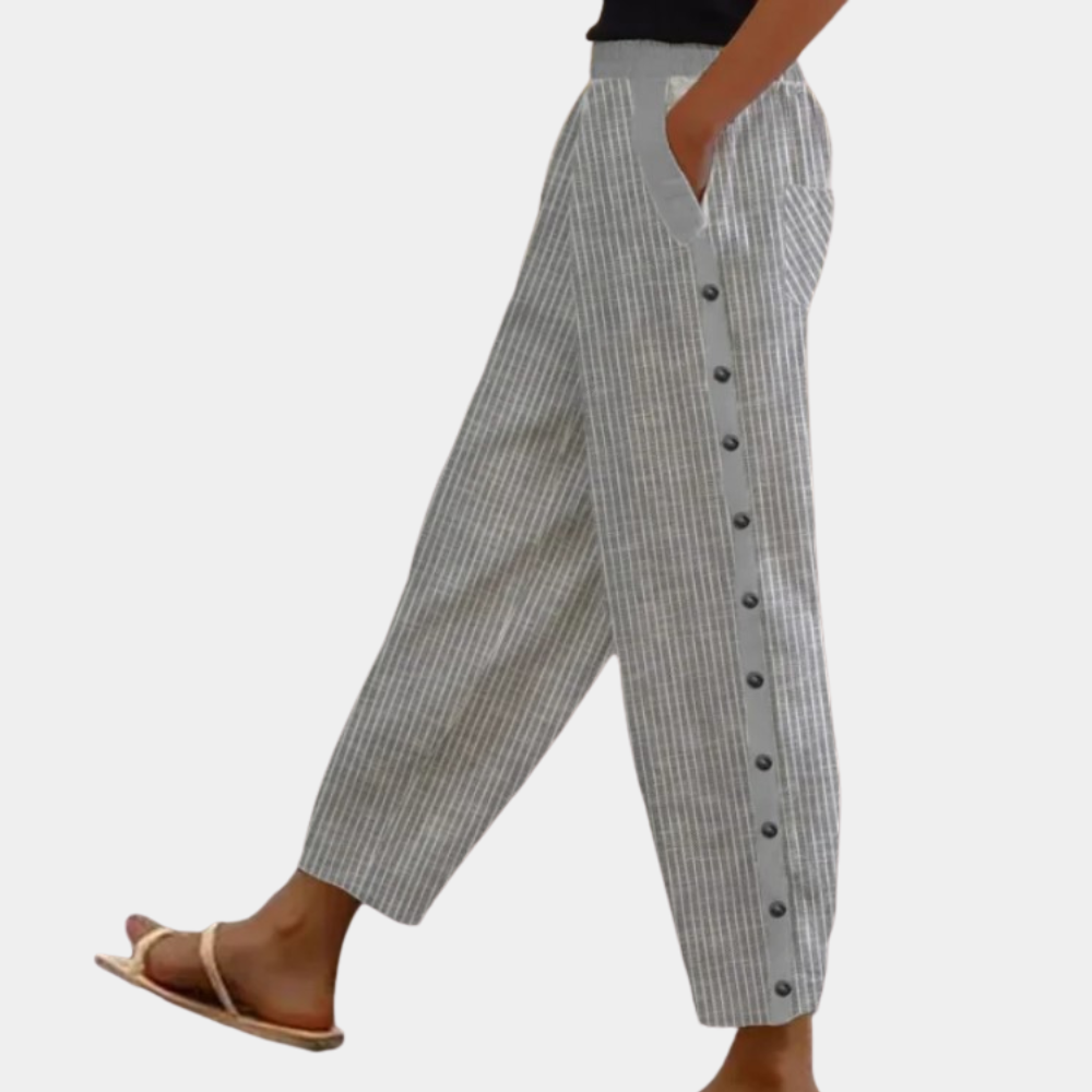 Eirwen | Gestreepte damesbroek met knoopdetail aan de zijkant - Comfortabele & trendy vrijetijdsbroek