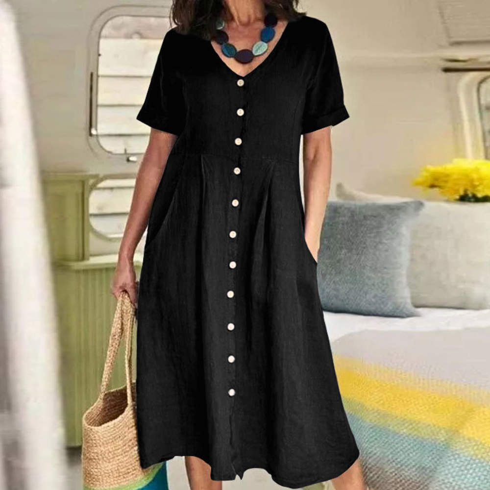 Anzhela | Classic Button-Down Maxi Dress for Women - Short Sleeve, Elegant Loose Fit