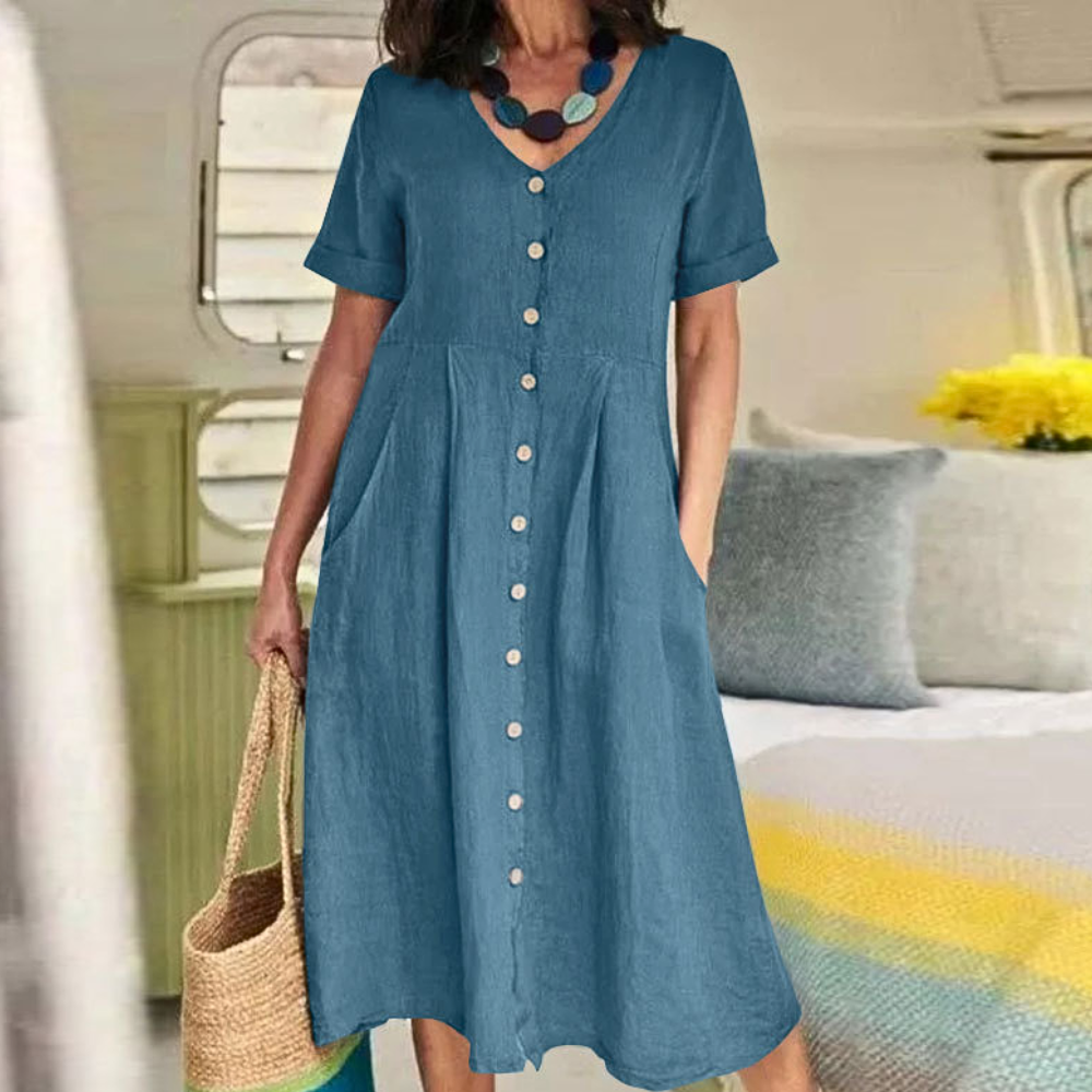 Anzhela | Classic Button-Down Maxi Dress for Women - Short Sleeve, Elegant Loose Fit