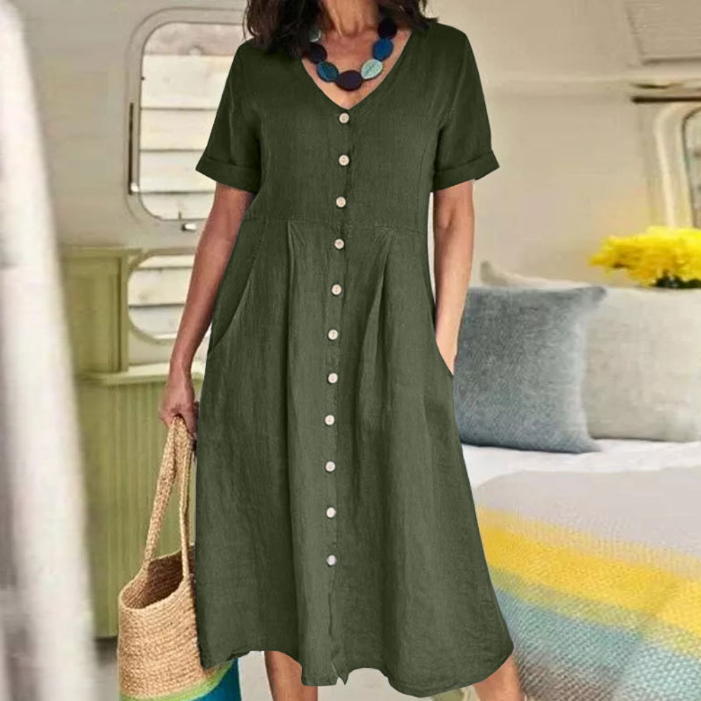 Anzhela | Classic Button-Down Maxi Dress for Women - Short Sleeve, Elegant Loose Fit