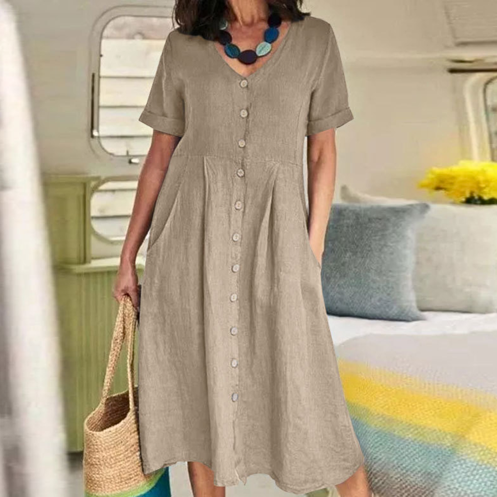 Anzhela | Klassieke knoopjurk maxi jurk voor dames - korte mouwen, elegante losse pasvorm