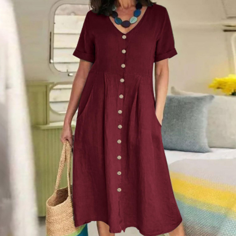 Anzhela | Classic Button-Down Maxi Dress for Women - Short Sleeve, Elegant Loose Fit