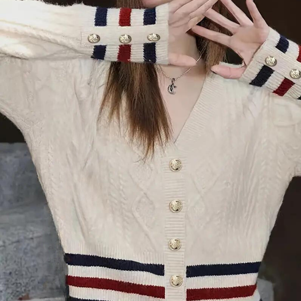 Bartolomea | Gestreept damesvest met V-hals en knoopdetail - Gebreid Casual vest