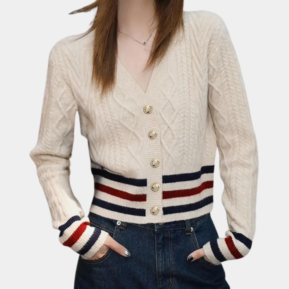 Bartolomea | Gestreept damesvest met V-hals en knoopdetail - Gebreid Casual vest