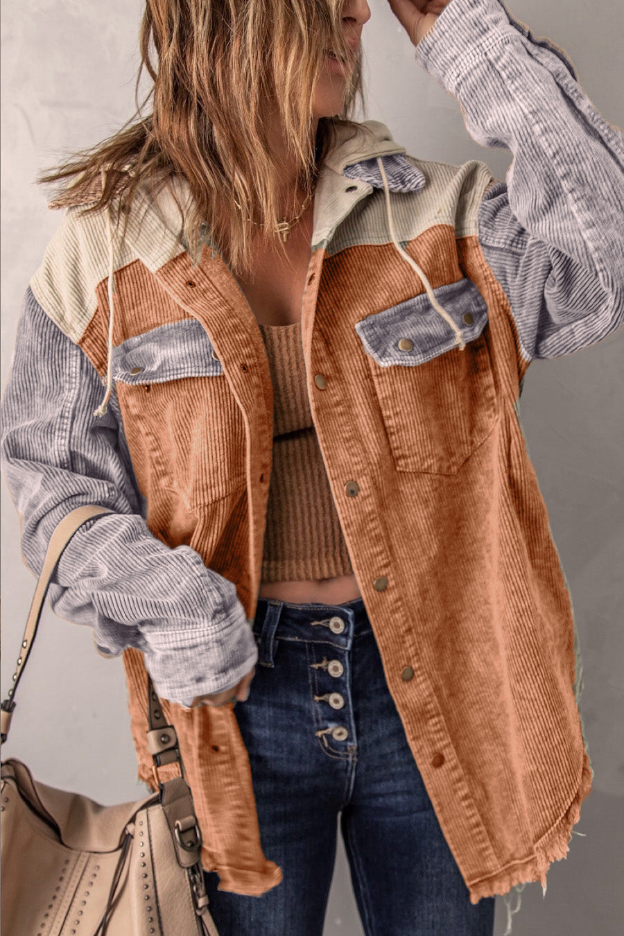 Peony | Retro Corduroy Loose Hooded Shirt Jacket for Women - Casual Fashion Outerwear