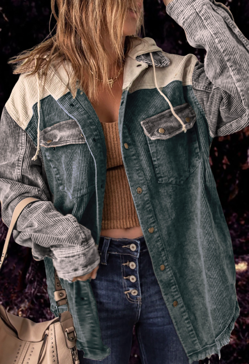 Peony | Retro Corduroy Loose Hooded Shirt Jacket for Women - Casual Fashion Outerwear