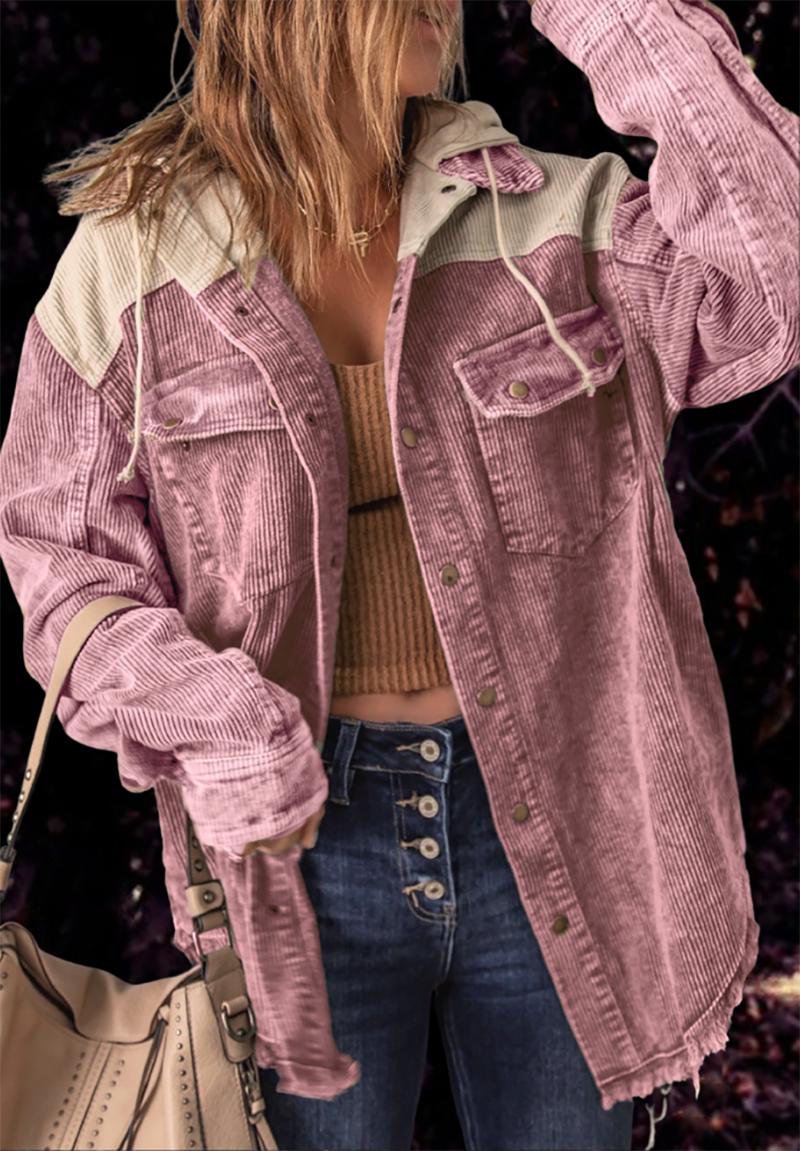 Peony | Retro Corduroy Loose Hooded Shirt Jacket for Women - Casual Fashion Outerwear