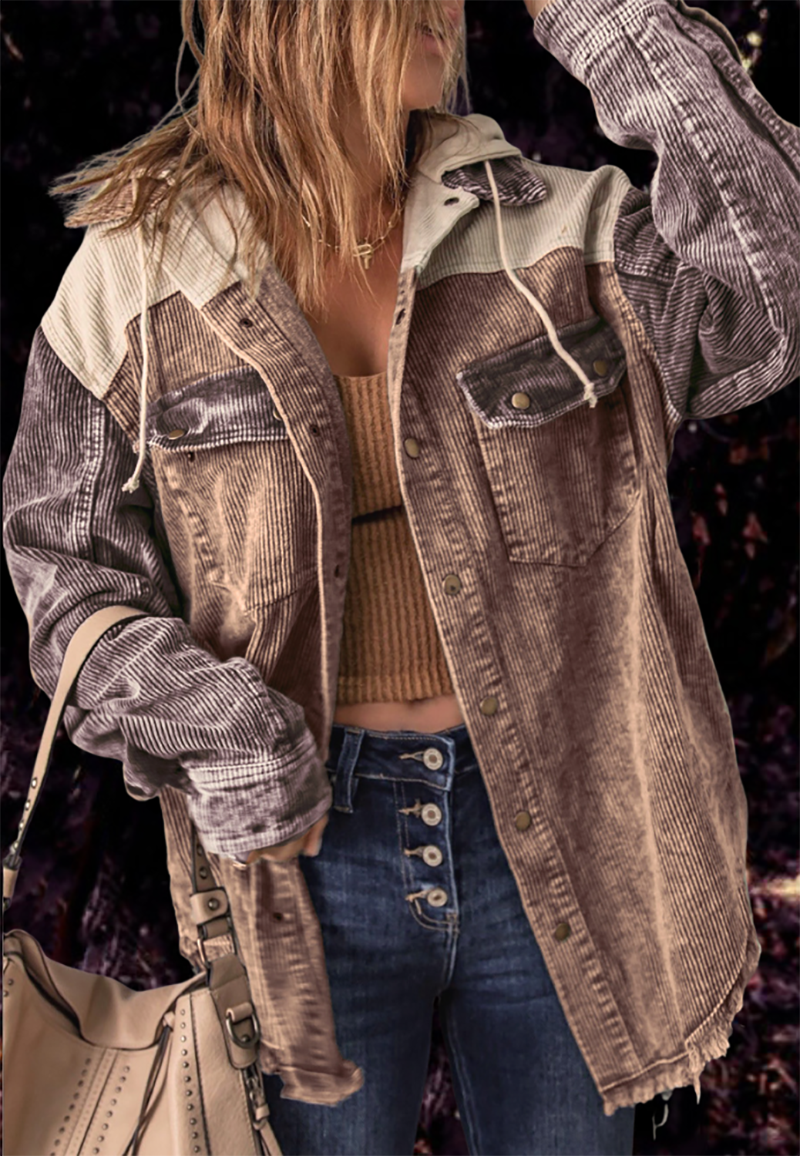 Peony | Retro Corduroy Loose Hooded Shirt Jacket for Women - Casual Fashion Outerwear