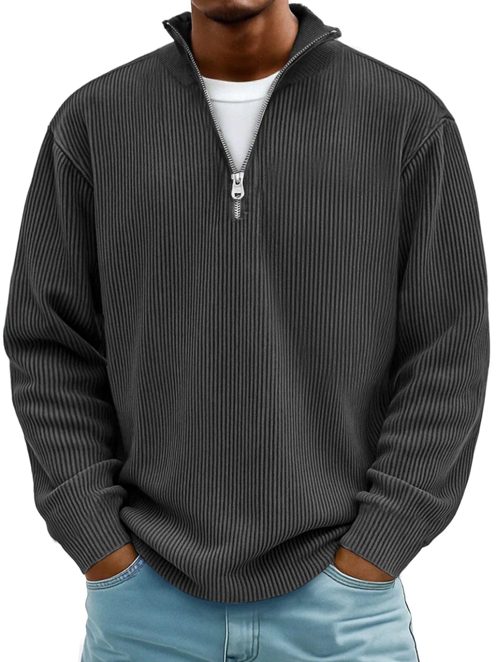 Vayor | Geribbelde katoenen trui met halve rits voor heren – Zachte, ademende, smart casual gebreide kleding