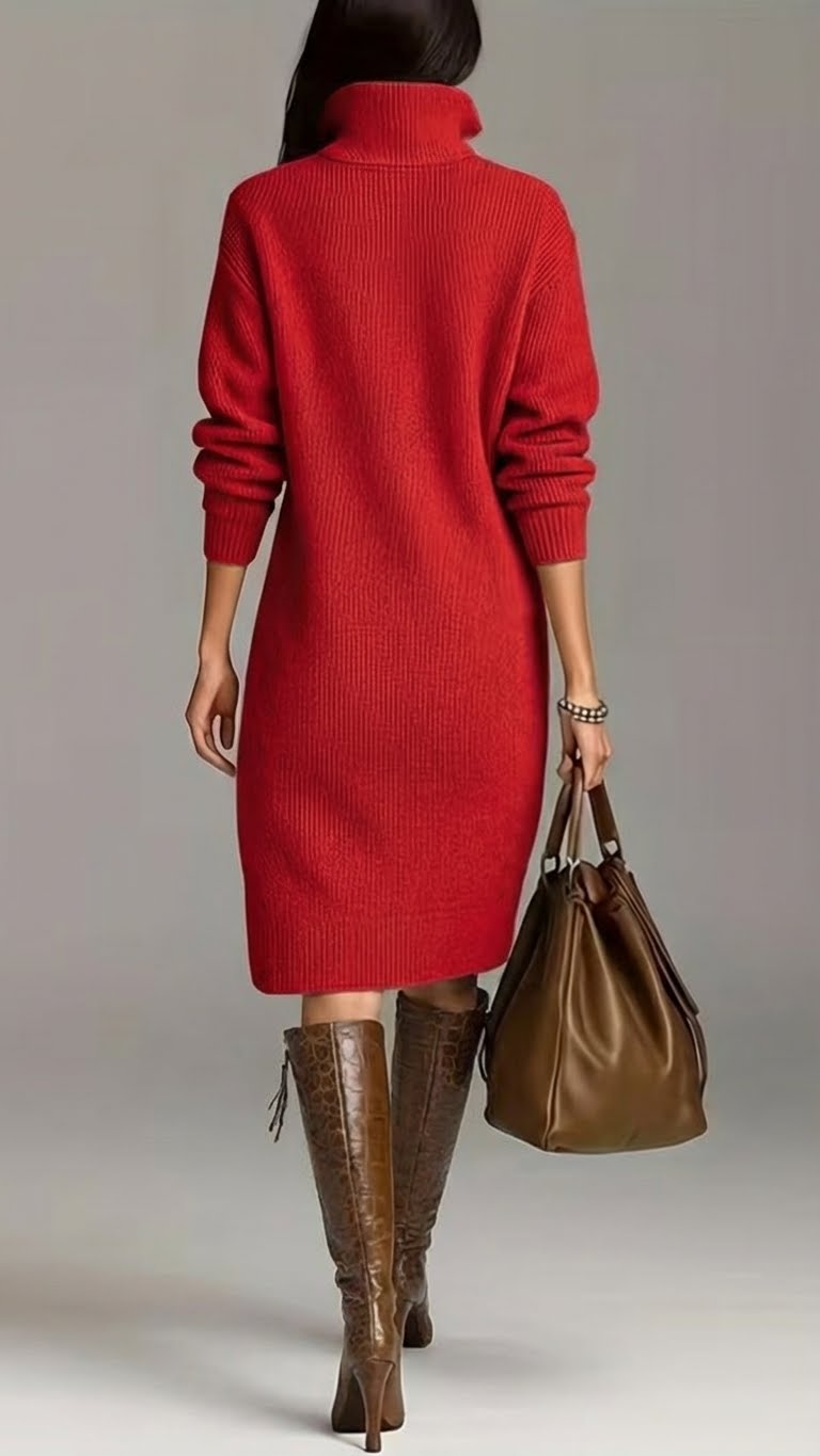 Olenka | Zachte gebreide midi-jurk voor dames – Gebreid met hoge kraag en knopen, casual elegante