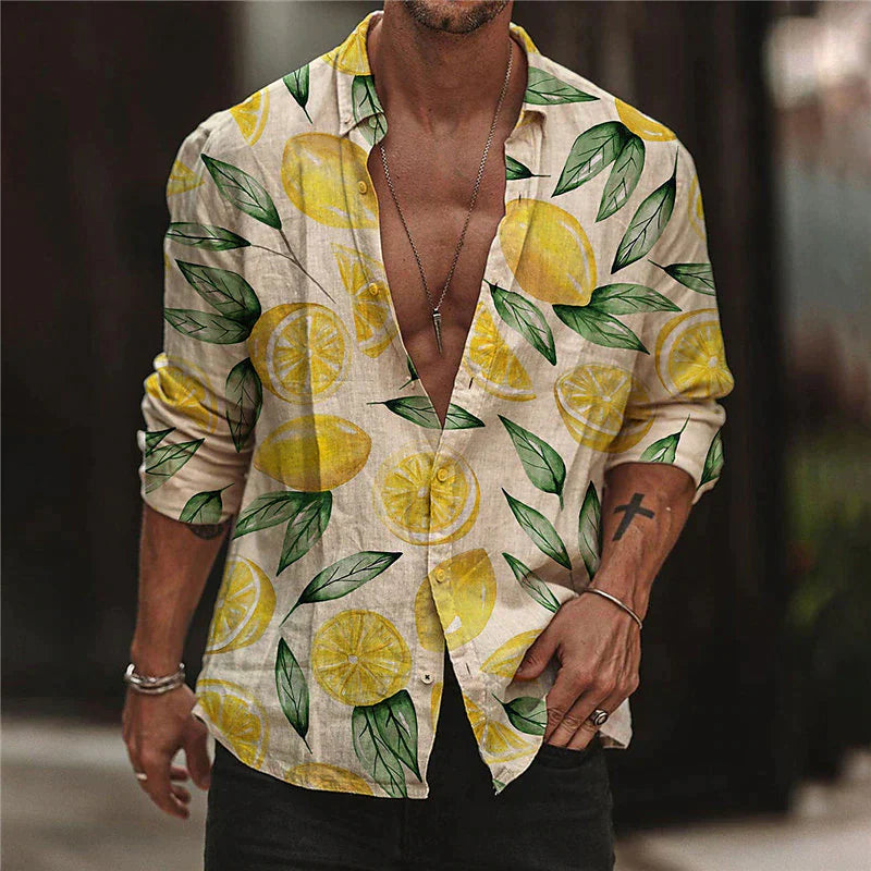 Lazaros | Men's Button-Up Shirt - Lemon Print, Lightweight, Breathable