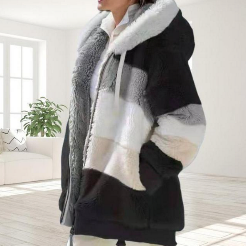 Mirela | Oversized imitatiebontjas met capuchon voor dames - stijlvolle en warme winterjas