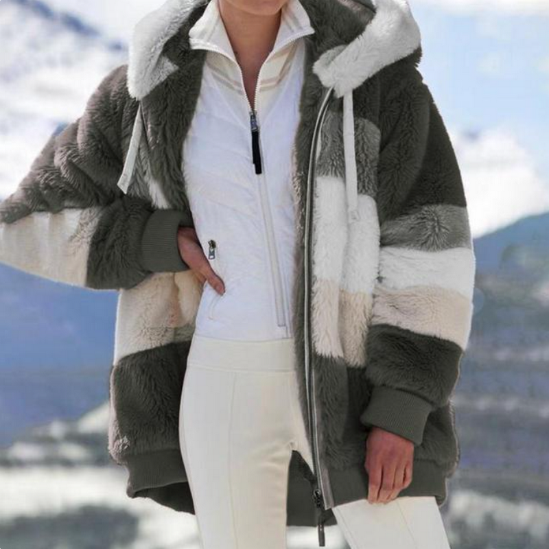 Mirela | Oversized imitatiebontjas met capuchon voor dames - stijlvolle en warme winterjas