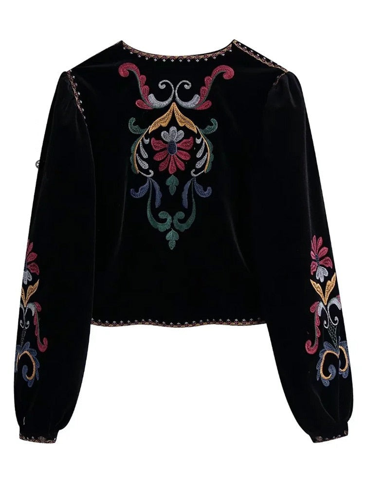 Feyona | Zwart fluwelen open blazer voor dames - kleurrijke geborduurde bloemenjas, retro-vintage stijl
