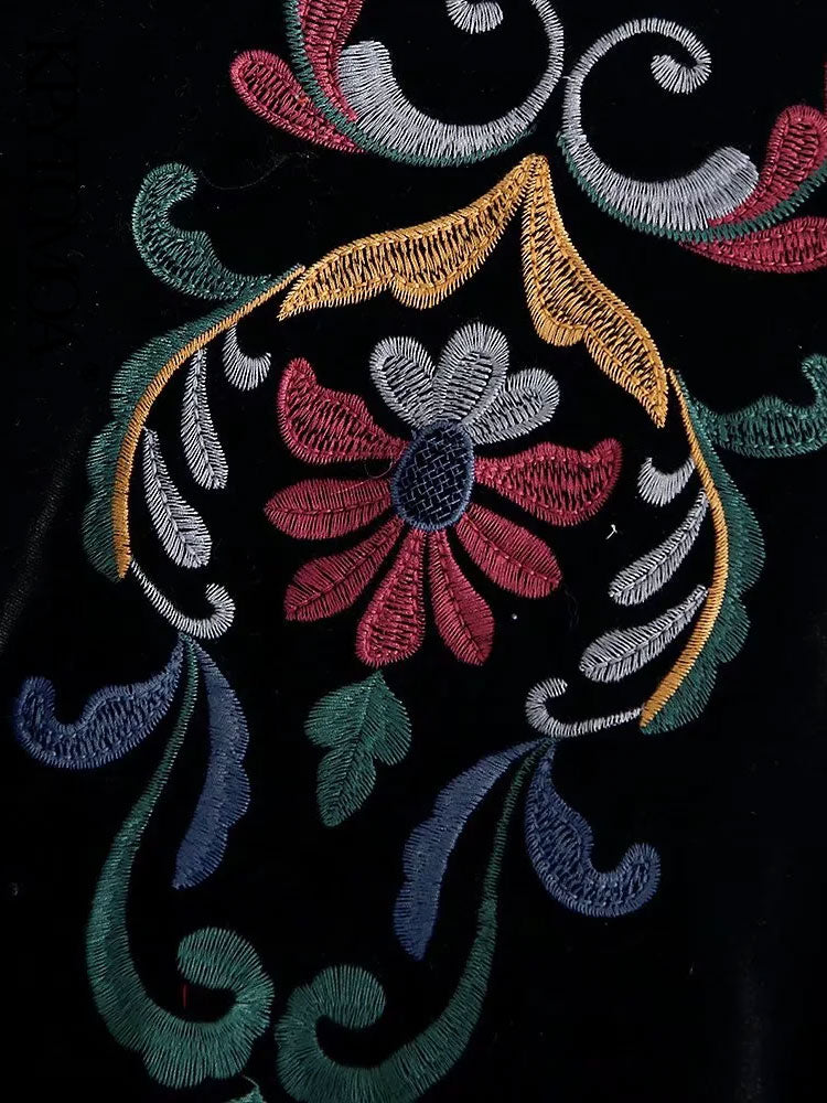 Feyona | Zwart fluwelen open blazer voor dames - kleurrijke geborduurde bloemenjas, retro-vintage stijl