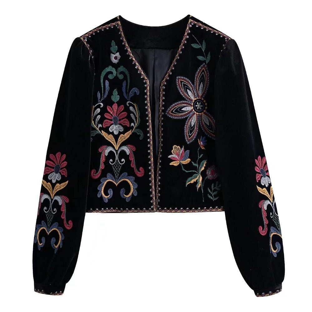 Feyona | Zwart fluwelen open blazer voor dames - kleurrijke geborduurde bloemenjas, retro-vintage stijl
