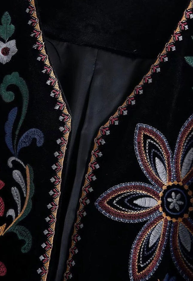 Feyona | Zwart fluwelen open blazer voor dames - kleurrijke geborduurde bloemenjas, retro-vintage stijl