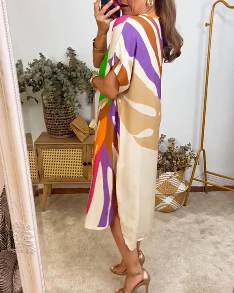 Elzbieta | V-neck midi dress with leaf print - short sleeves, cotton blend