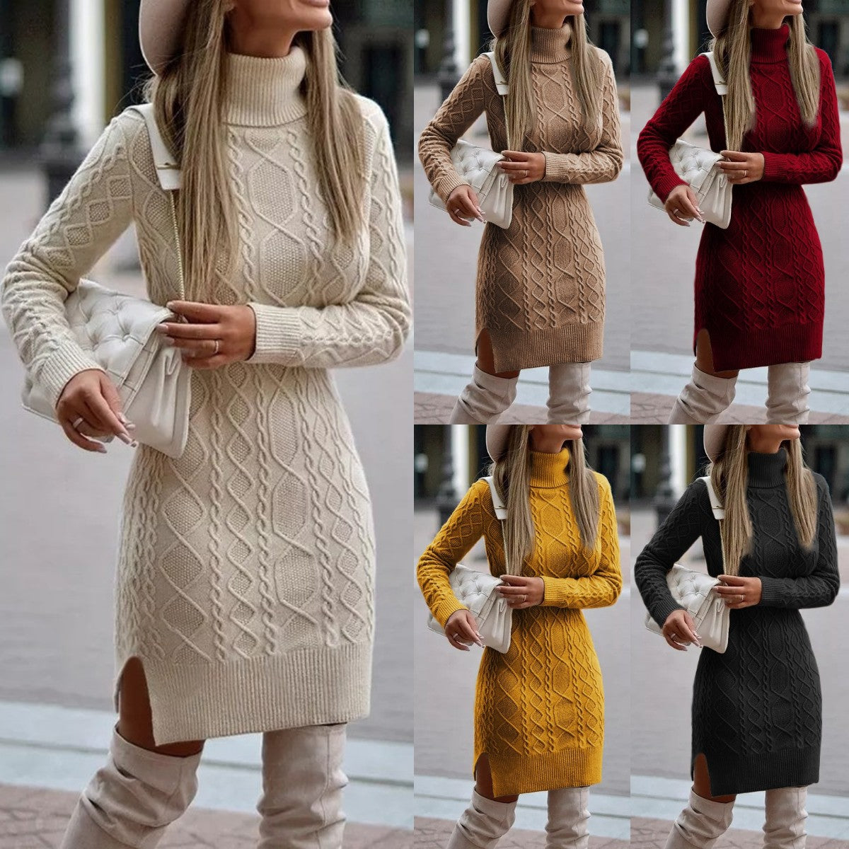 Oksana | Fashionable Cable Knit Long Sleeve Turtleneck Dress