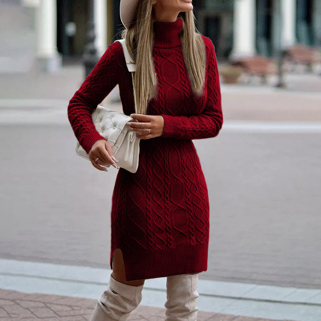 Oksana | Fashionable Cable Knit Long Sleeve Turtleneck Dress