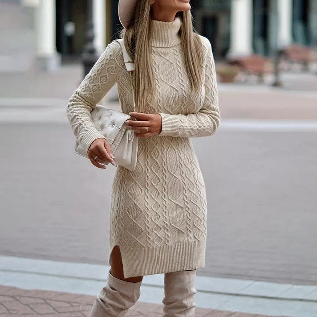 Oksana | Fashionable Cable Knit Long Sleeve Turtleneck Dress