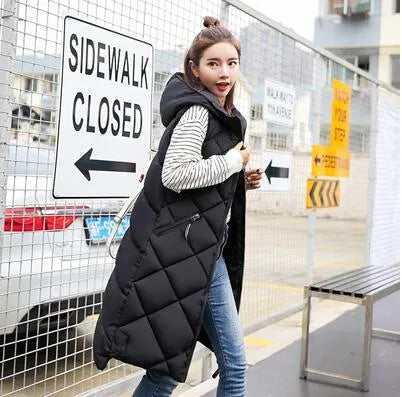 Xiomara | Women's Sleeveless Long Puffer Vest with Hood - Warm, Casual, Full-Zip Outerwear